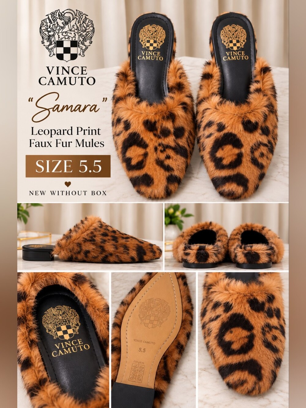 Vince Camuto Tan and Black Leopard Faux-Fur Slide Mules - NWOB